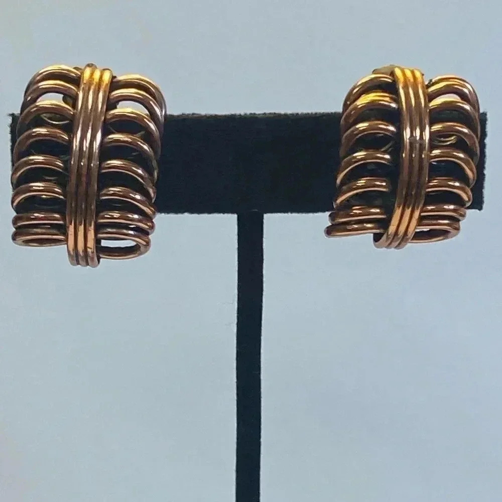VINTAGE RENIOR CLIP ON COPPER EARRINGS - Picture 2 of 8